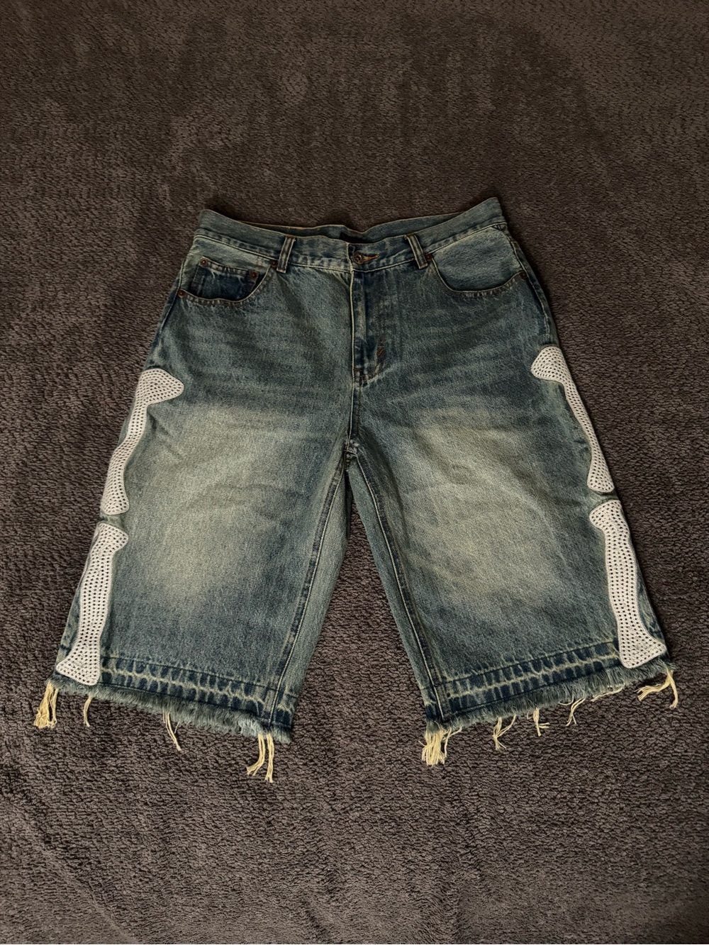 Kapital Distressed Blue Denim Jean Shorts with White Side Panels